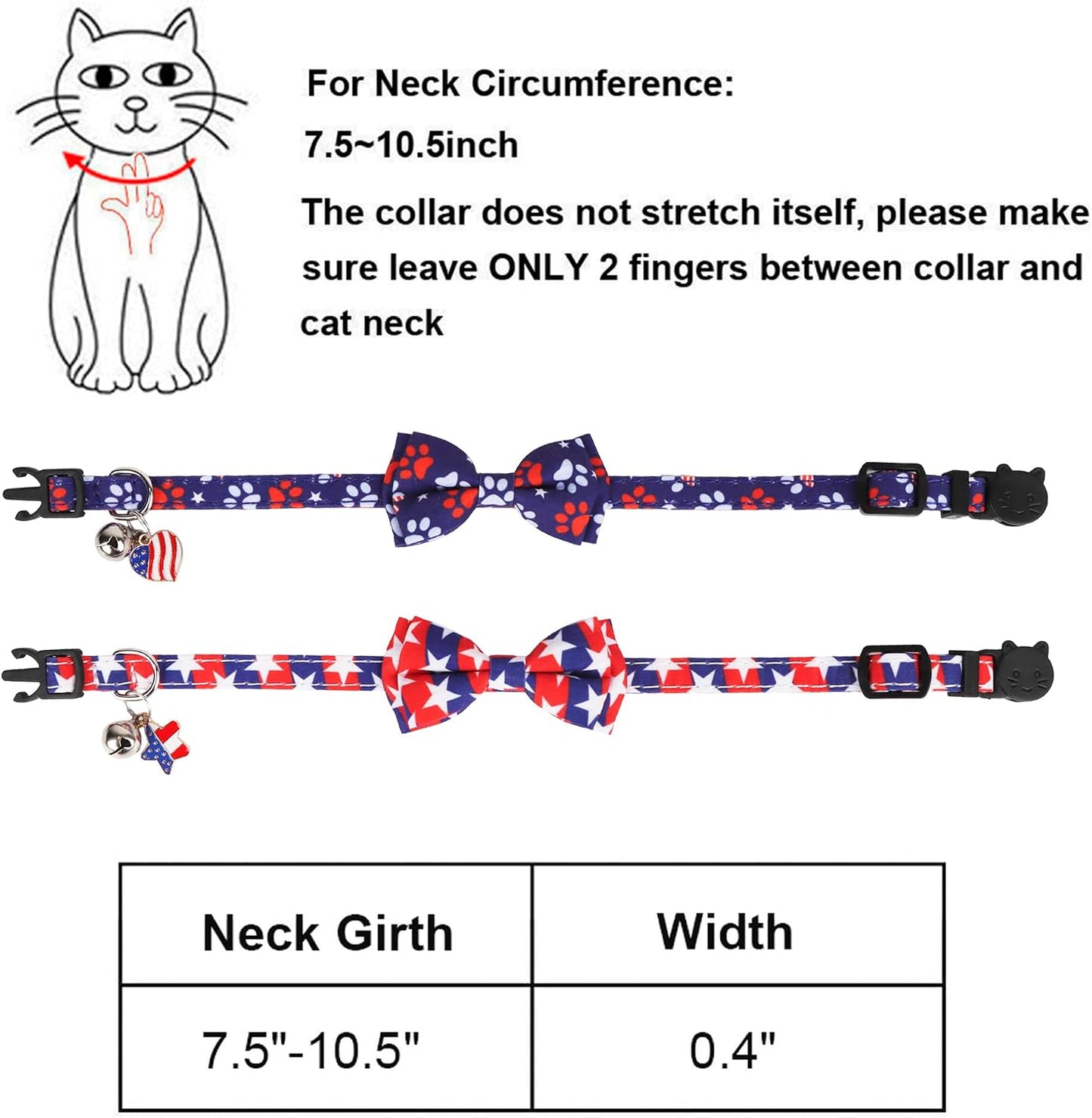 American Flag Cat Collar Breakaway with Bow Tie Bell - 2 Pack 4Th of July Kitten Collar with Removable Bowtie Red Blue American Flag Collars for Cat Kitten