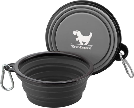 Collapsible Dog Bowls for Travel, 2-Pack Dog Portable Water Bowl for Dogs Cats Pet Foldable Feeding Watering Dish for Traveling Camping with Carabiners, BPA Free (Black+Grey, Medium)