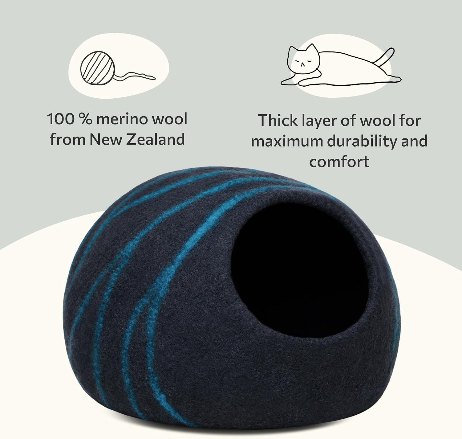 Cat Cave – Premium Felt Cat Bed for Indoor Cats, Handmade 100% Merino Wool (Large, Black Aqua)