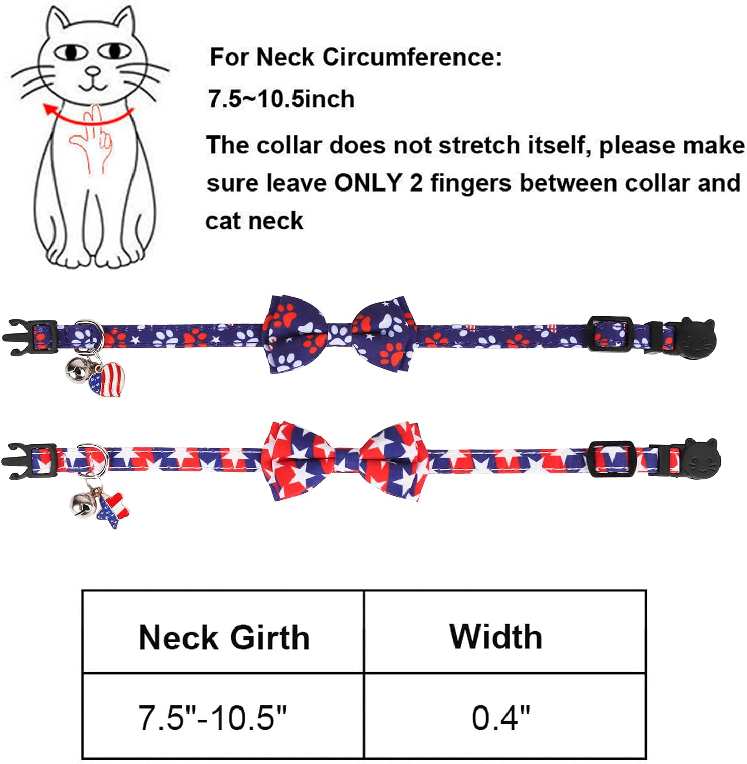 American Flag Cat Collar Breakaway with Bow Tie Bell - 2 Pack 4Th of July Kitten Collar with Removable Bowtie Red Blue American Flag Collars for Cat Kitten