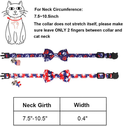 American Flag Cat Collar Breakaway with Bow Tie Bell - 2 Pack 4Th of July Kitten Collar with Removable Bowtie Red Blue American Flag Collars for Cat Kitten